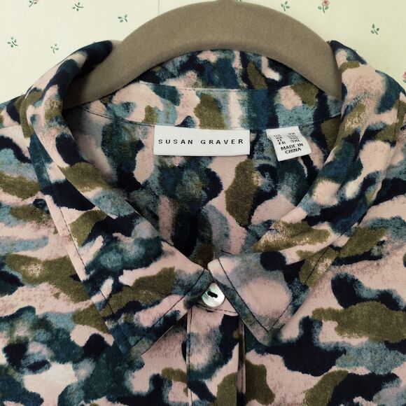 Susan Graver Liquid Knit Top 2X Multicolor Abstract Print Button-up Office Boho - Picture 3 of 16